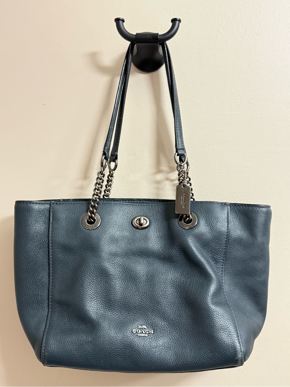 Coach Pebble Leather Chain-Handle Tote in Navy
